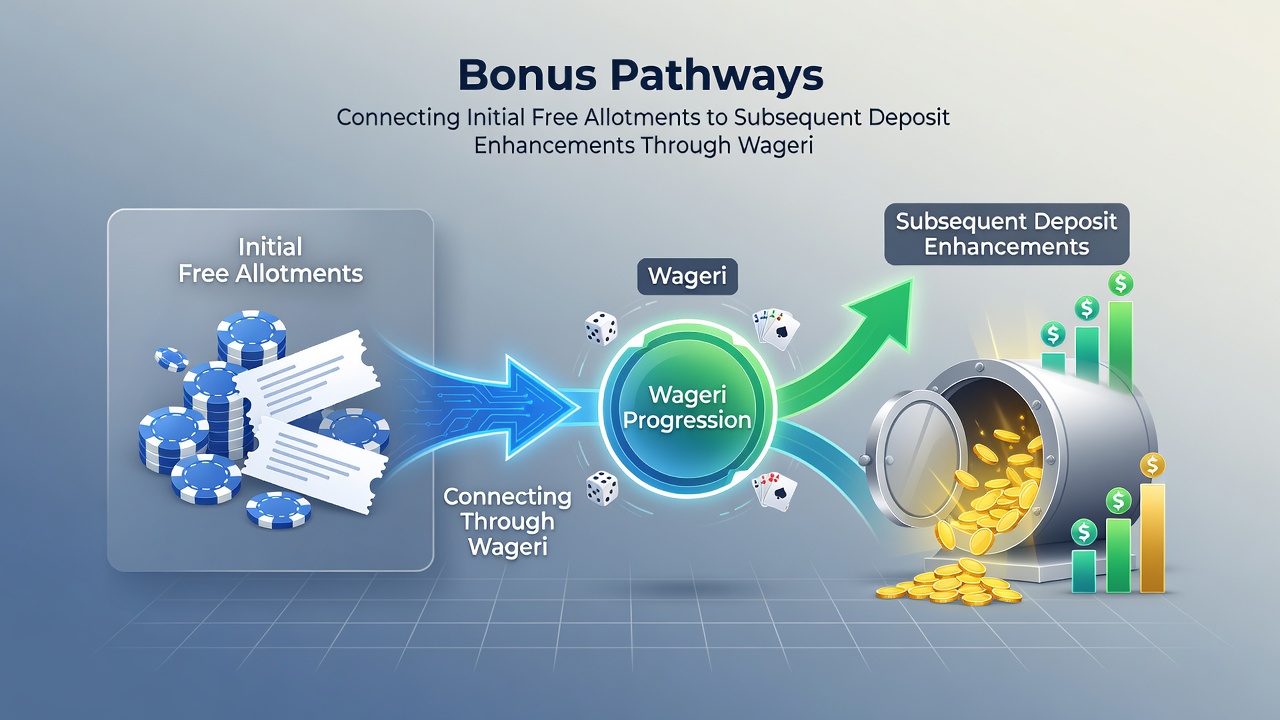 Flowchart illustrating wagering milestones linking free credits to deposit matches