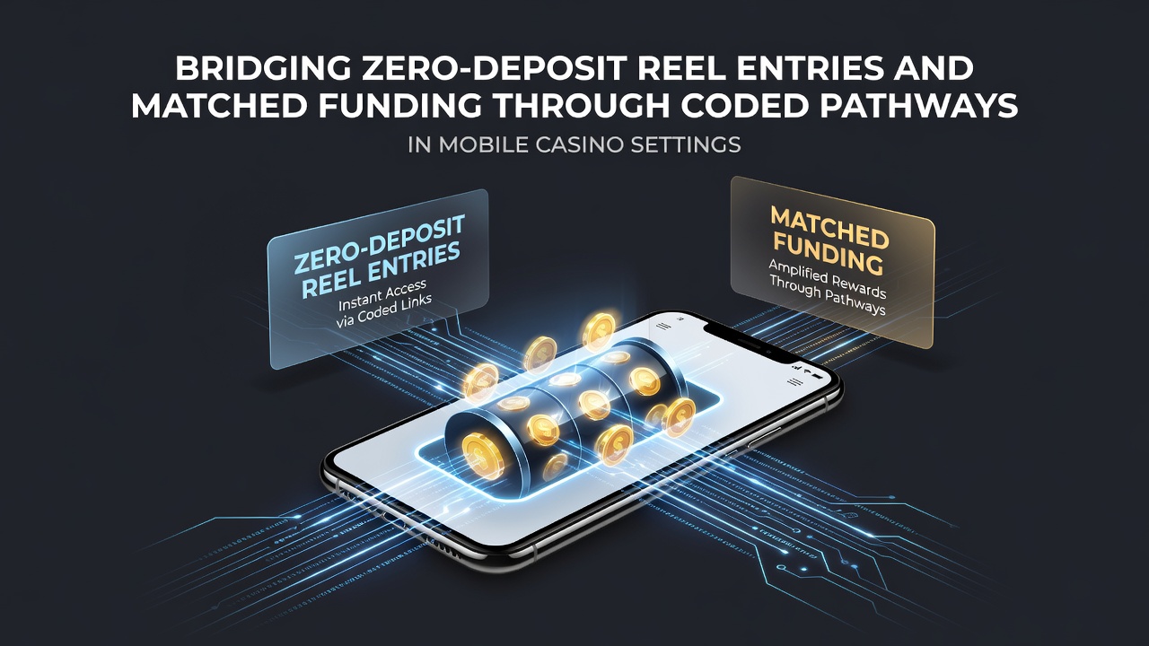 Illustration of mobile app screens demonstrating progression from no-deposit spins to deposit match bonuses using promo codes