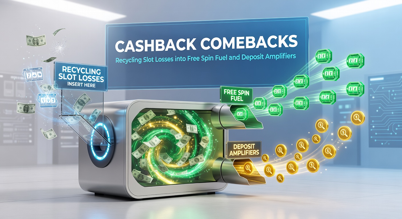 Graphic showing slot machine reels transforming losses into cashback coins that ignite free spins and deposit multipliers