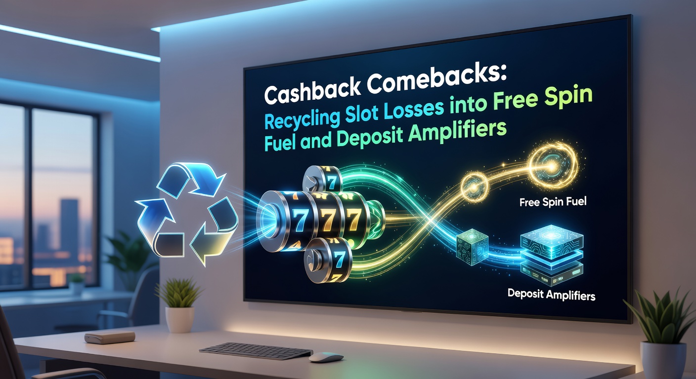 Illustration of cashback arrows looping from loss meters to deposit boosters and free spin wheels in a vibrant slot interface