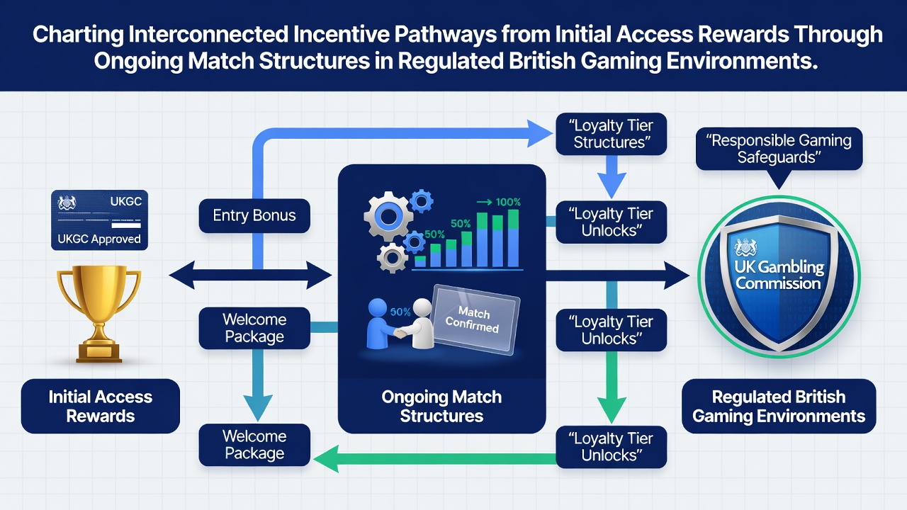 Diagram showing interconnected bonus pathways from initial access rewards to ongoing match structures in British online casinos