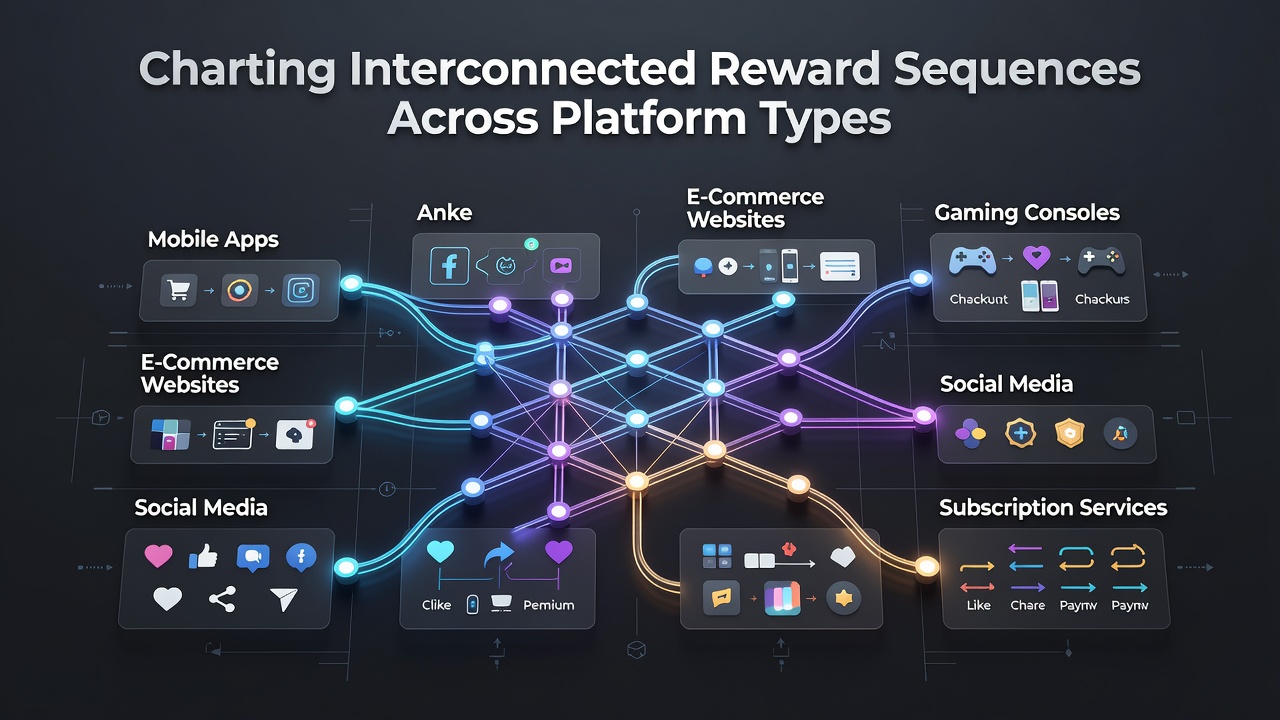 Diagram showing interconnected reward sequences linking mobile, desktop, and tablet gaming platforms with bonus flows