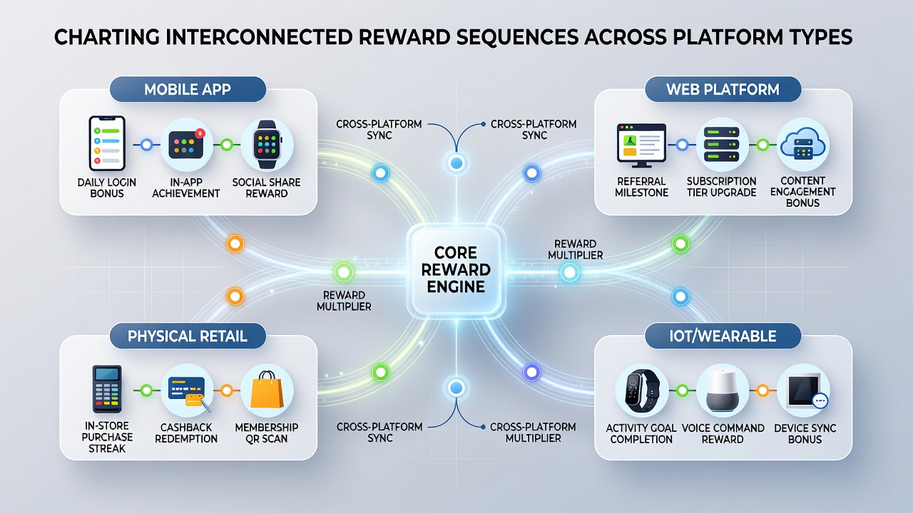 Illustration of bonus progression from mobile free spins to desktop deposit matches across connected slot platforms