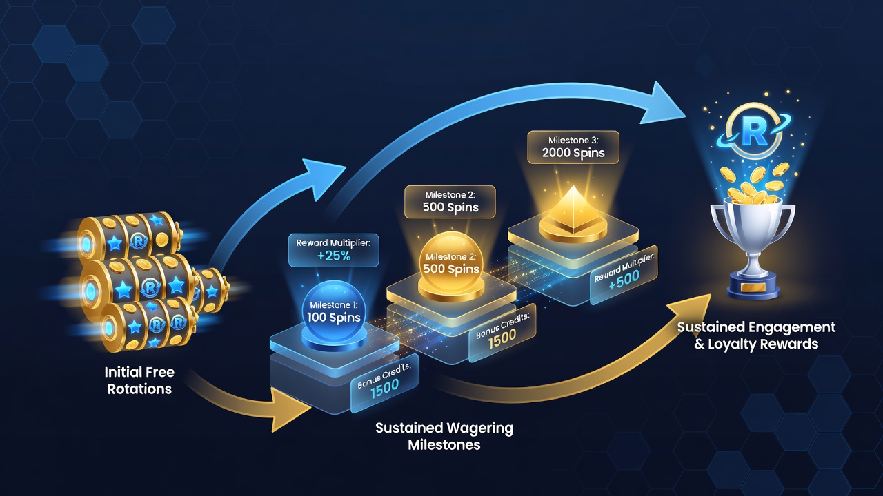 Diagram showing progression stages from free rotations through deposit matches to loyalty milestones