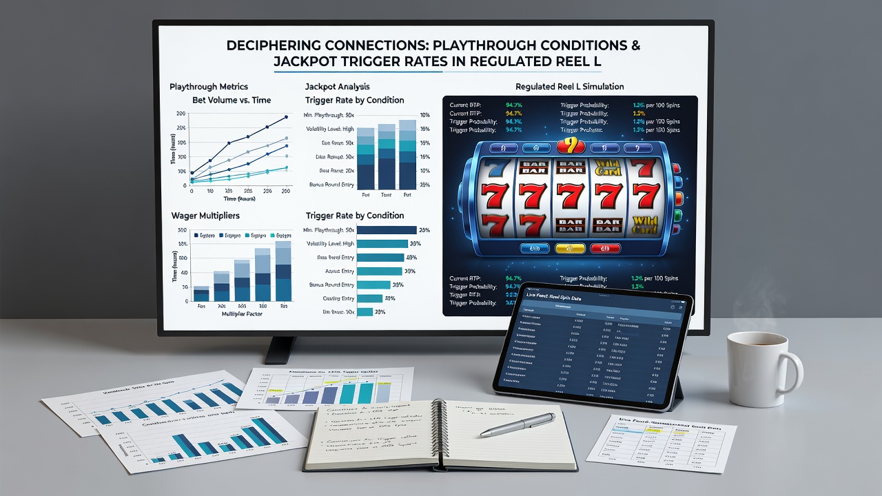 Statistical charts illustrating connections between playthrough multipliers and observed jackpot frequencies across multiple licensed markets