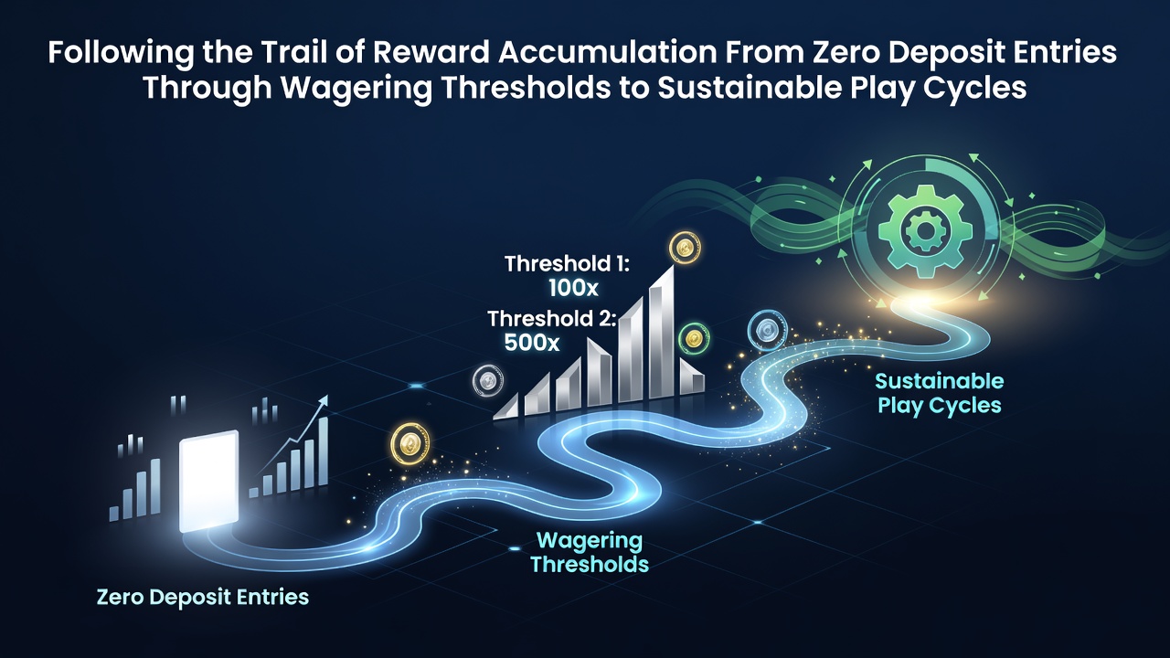 Illustration of reward pathways in online slot platforms showing progression from zero deposit bonuses through wagering stages
