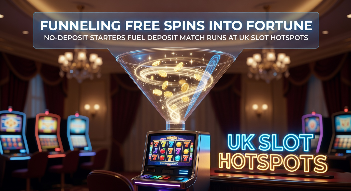 Vibrant slot reels spinning with cascading free spin icons transitioning into glowing deposit match bonuses, evoking the funnel from zero-risk starts to big-win potential at UK sites