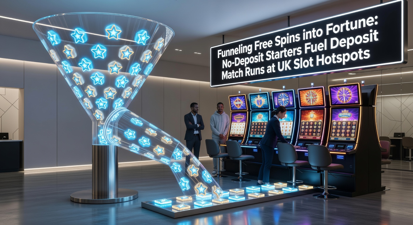 Dynamic infographic illustrating a funnel from no-deposit spins dropping into deposit match pools, with arrows showing player progression and win multipliers at bustling UK slot platforms