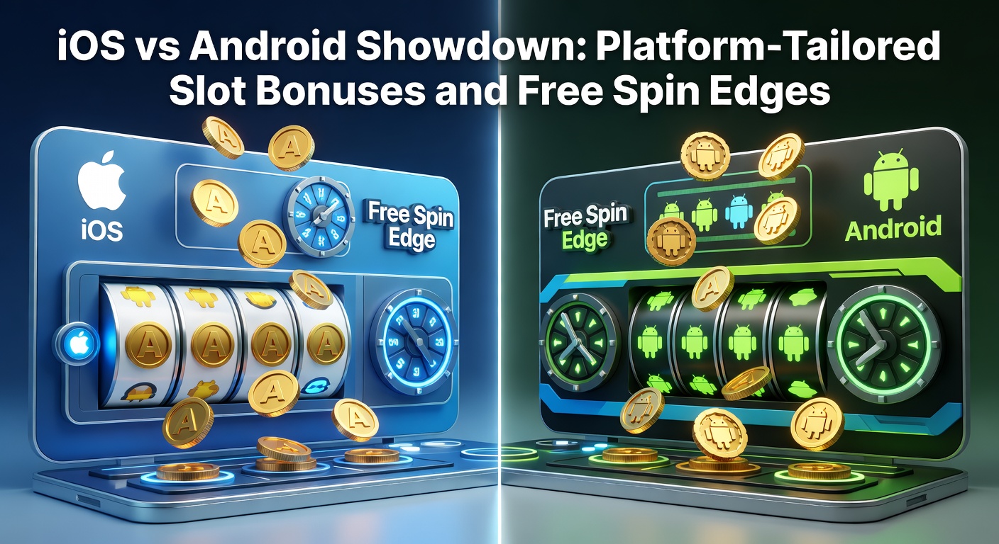 Smartphone screens displaying iOS and Android slot apps with bonus offers popping up, highlighting platform-specific promotions