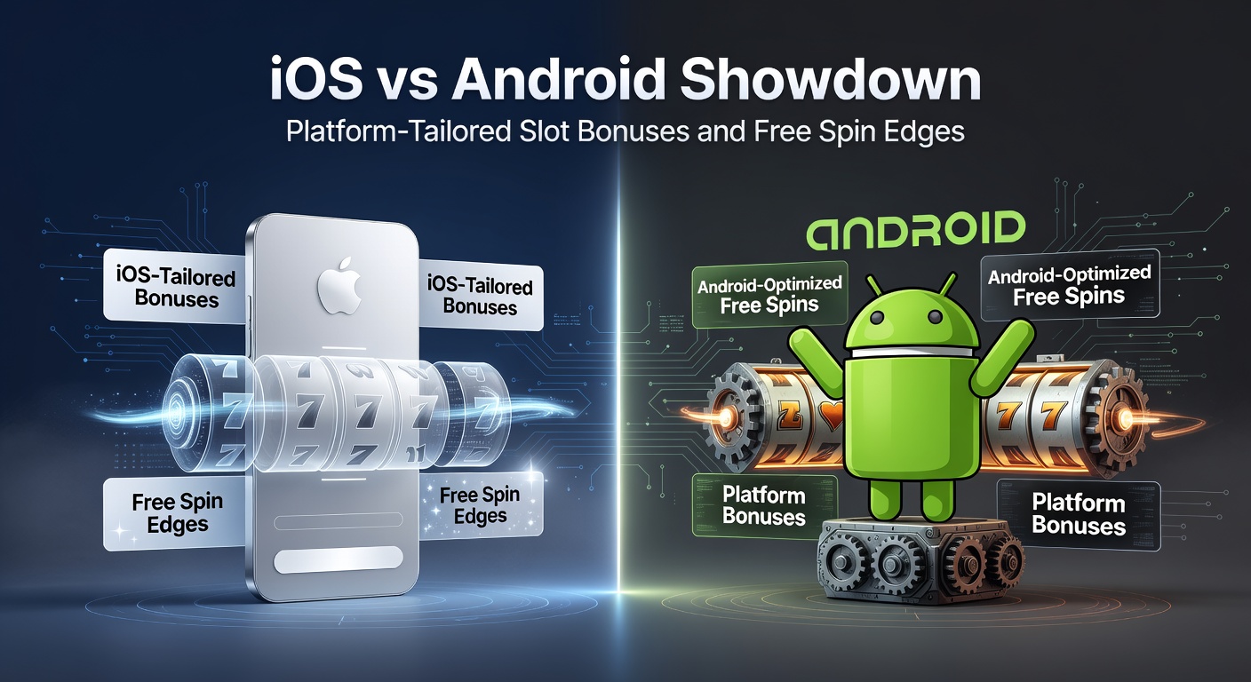 Side-by-side comparison of Android and iOS slot interfaces showing exclusive bonus pop-ups and free spin counters