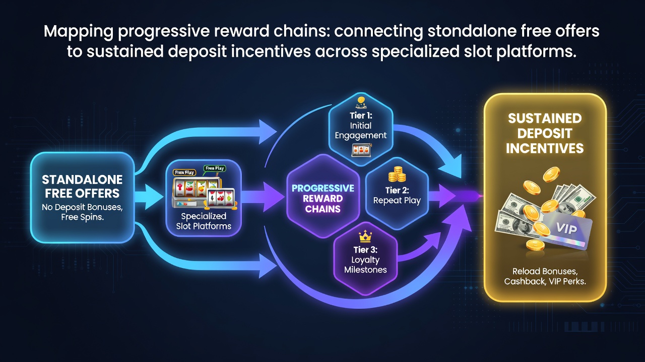 Diagram showing progression from free slot offers to deposit-based reward chains on specialized platforms