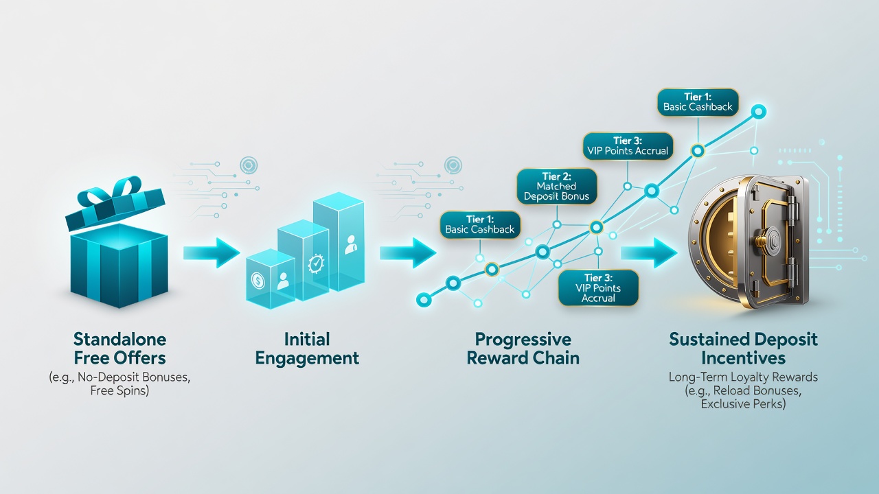 Illustration of slot platform interfaces displaying chained bonus progression from free spins to deposit matches