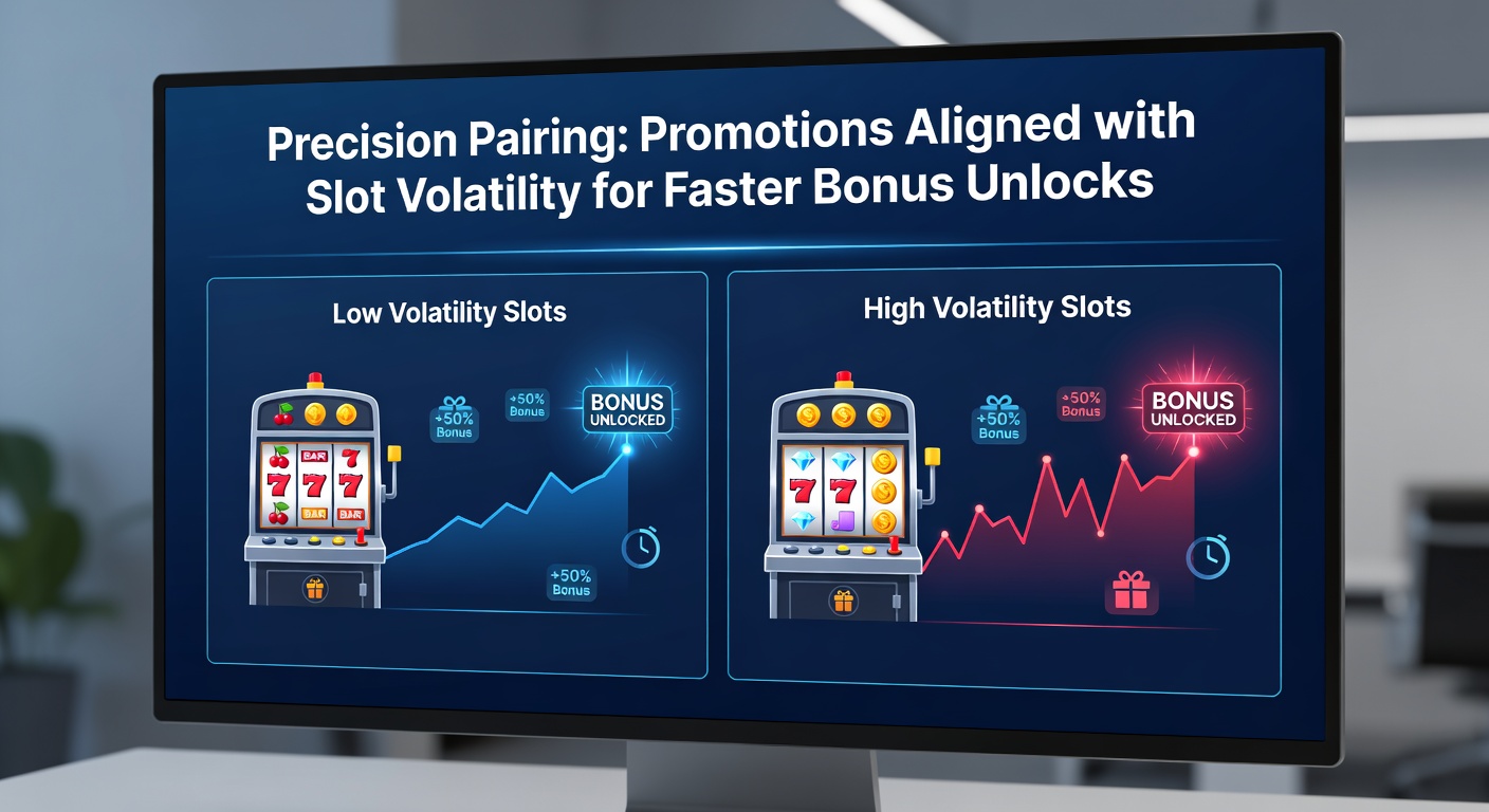 Dynamic infographic displaying low, medium, and high volatility slot examples paired with promotion types, arrows illustrating accelerated bonus unlock paths