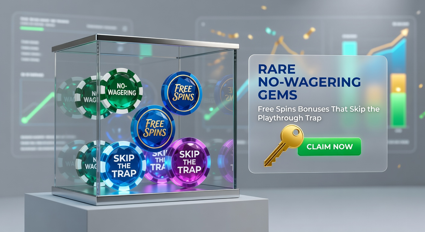 A treasure chest overflowing with shimmering coins and spin symbols, representing no-wagering bonus treasures unlocked without barriers