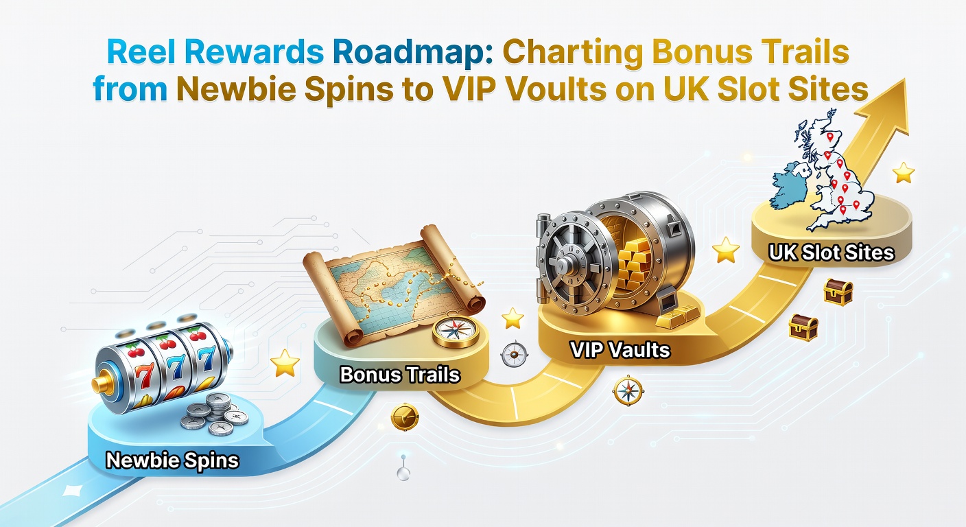 A vibrant roadmap illustration showing a winding path from starter spins to golden VIP vaults amid colorful slot reels and bonus icons