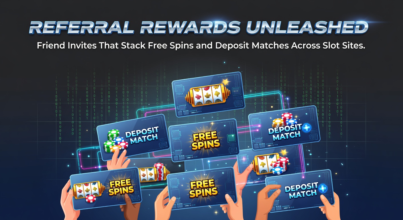 Vibrant illustration of friends sharing slot rewards, with spinning reels and stacked bonus icons cascading across a digital network