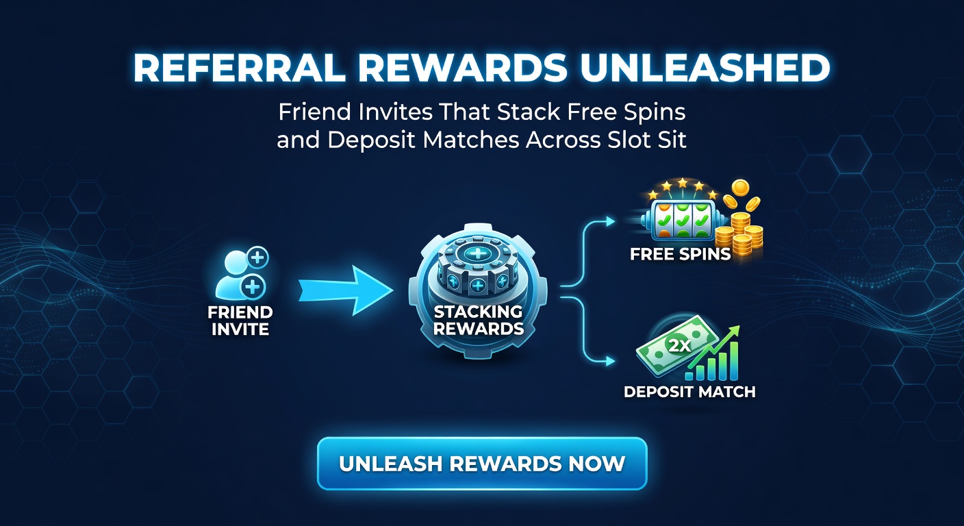 Dynamic graphic showing a referral chain reaction, with free spins exploding into deposit match cascades on interconnected slot screens