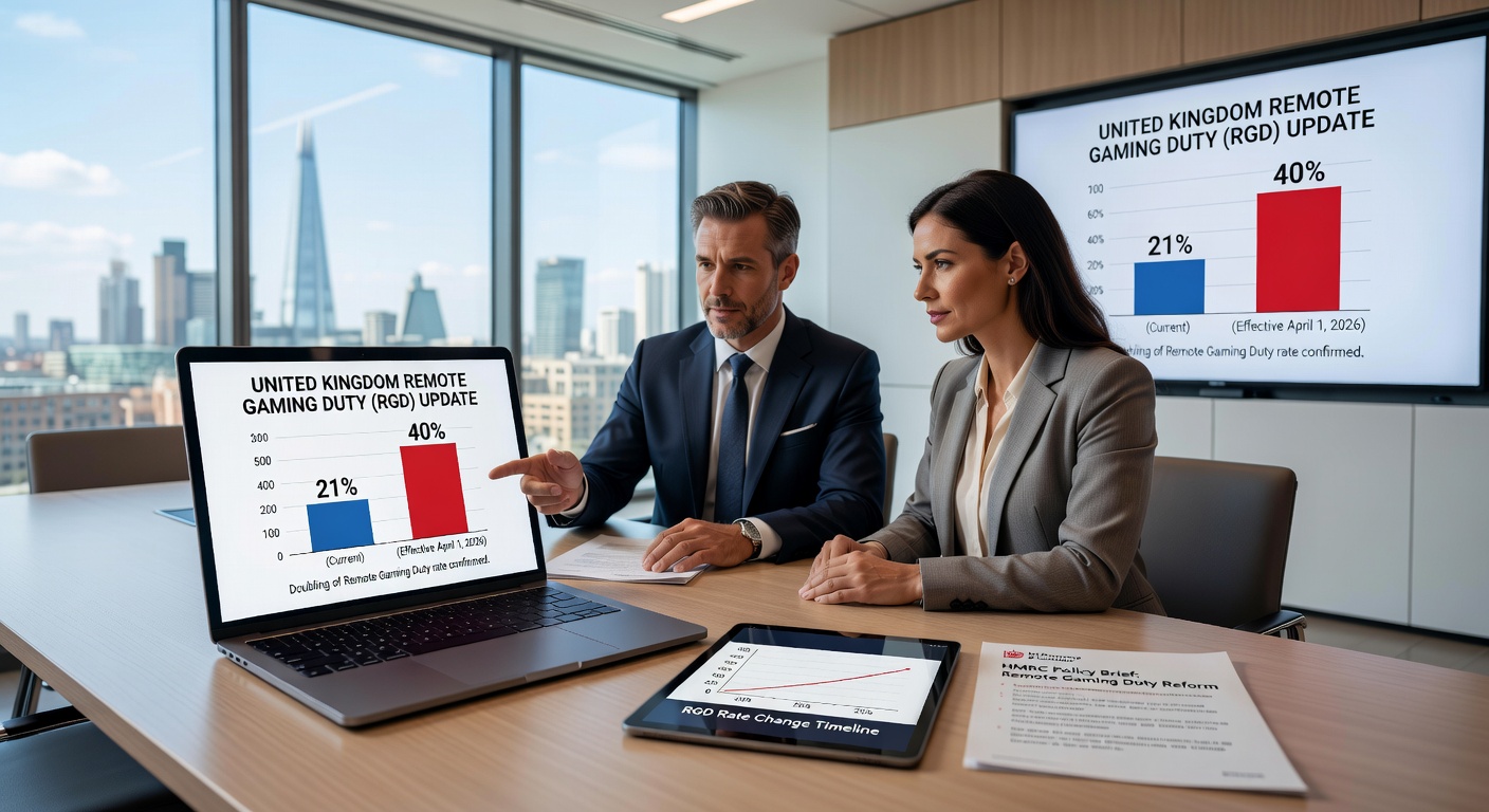 UK flag over a stack of regulatory documents and slot symbols, illustrating enforcement funding and tax changes