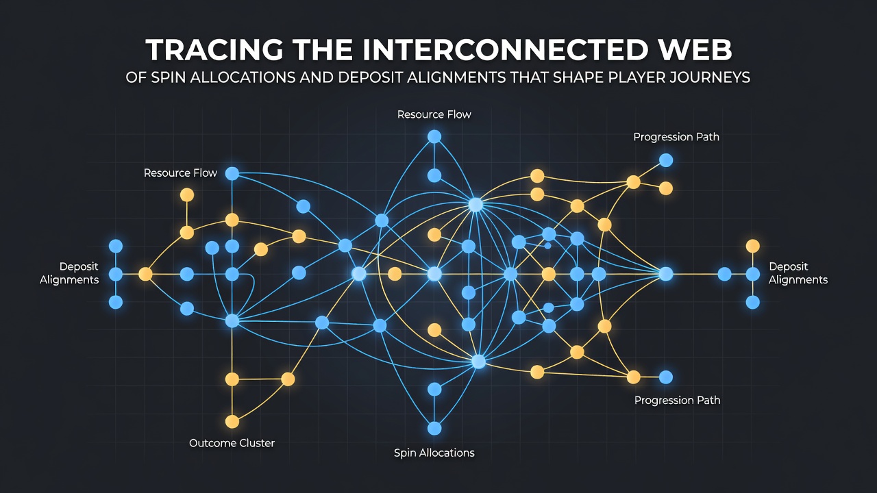 Diagram showing mobile app interfaces linking spins and deposits